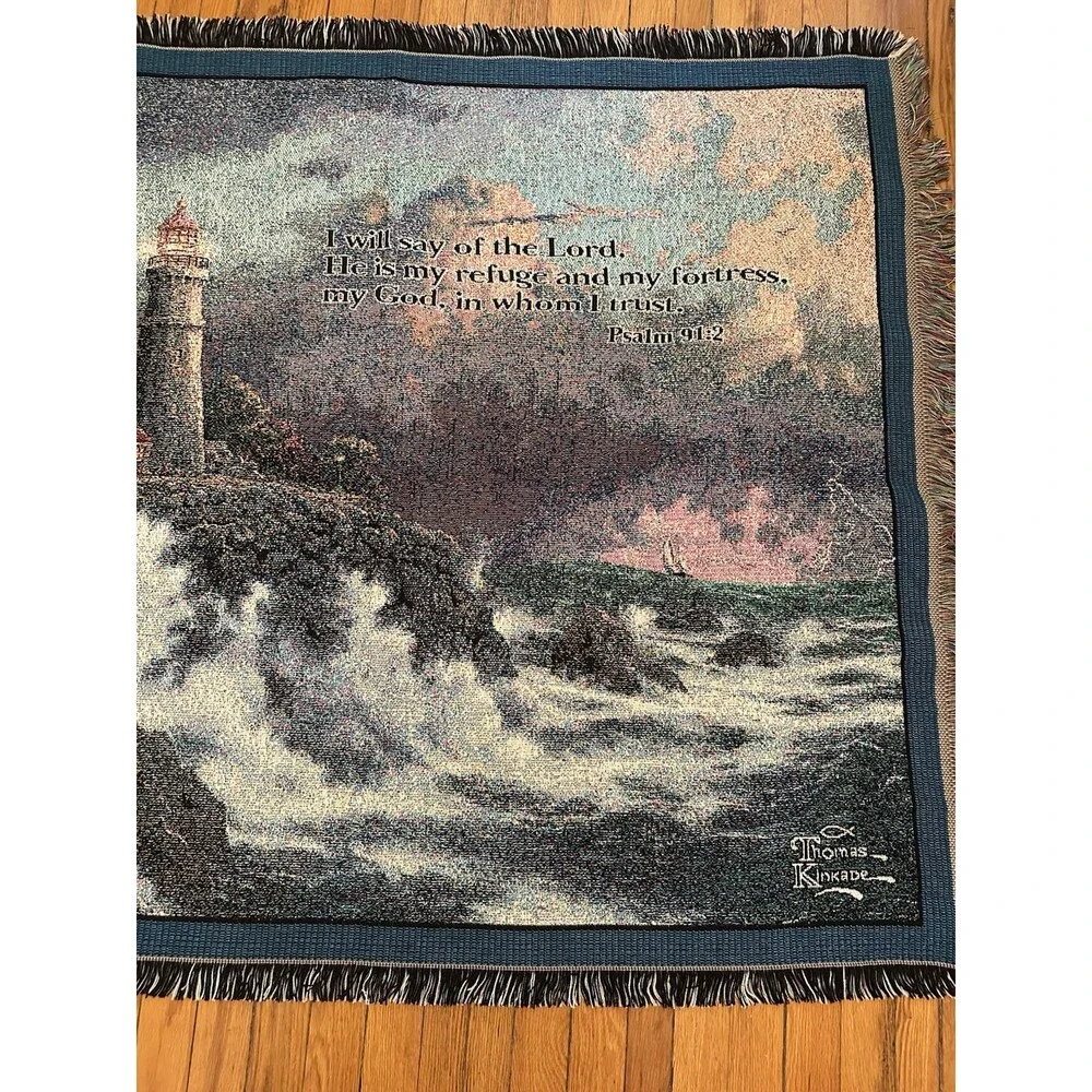 THOMAS KINKADE Throw Blanket PSALM 91:2 Lighthouse Tapestry 46”x‎ 52”